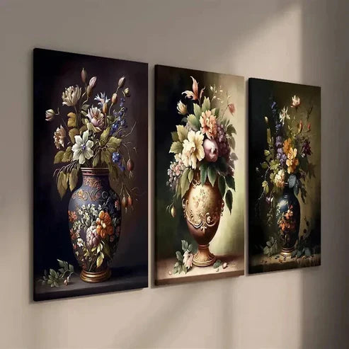 3pcs Artistic Painting of Flowers in Vase Wall Art Set Canvas Unframed - High Quality Print 100% Australian Made Wall Canvas