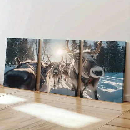 3pcs Sleigh Snow Scene Reindeer Animal Wall Art Set Canvas Framed 40x60cm - High Quality Print 100% Australian Made Wall Canvas Ready to Hang