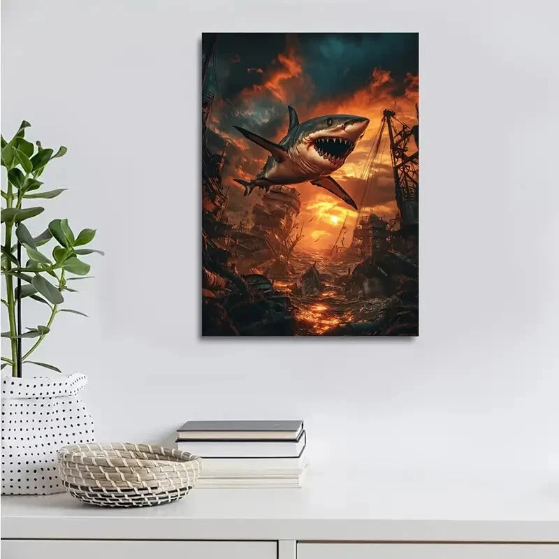 Steampunk Shark Wrestling Glowing Sunset Sky Painting 40x60cm Metal Print Ready to Hang