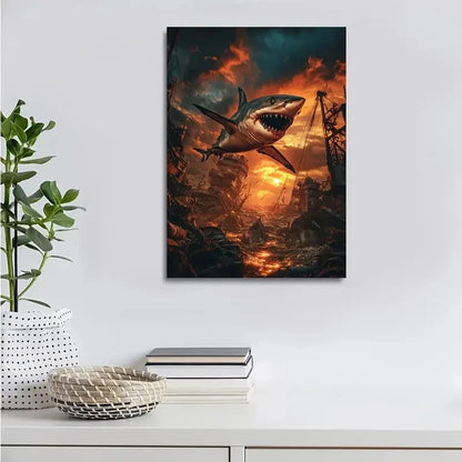 Steampunk Shark Wrestling Glowing Sunset Sky Painting 40x60cm Metal Print Ready to Hang