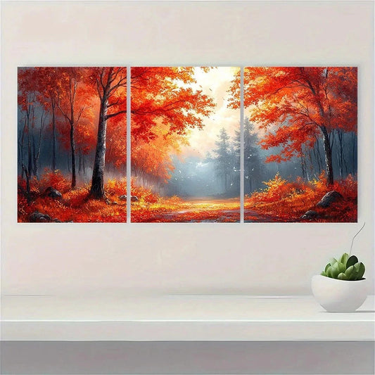 3pcs Autumn Forest Red & Orange Leaves Wall Art Set Canvas Framed 60x90cm - High Quality Print 100% Australian Made Wall Canvas Ready to Hang