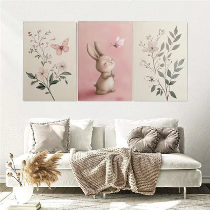 3pcs Bunnies and Butterflies Paintings Wall Art Set Canvas Framed 50x70cm – High Quality Print, 100% Australian Made, Ready to Hang