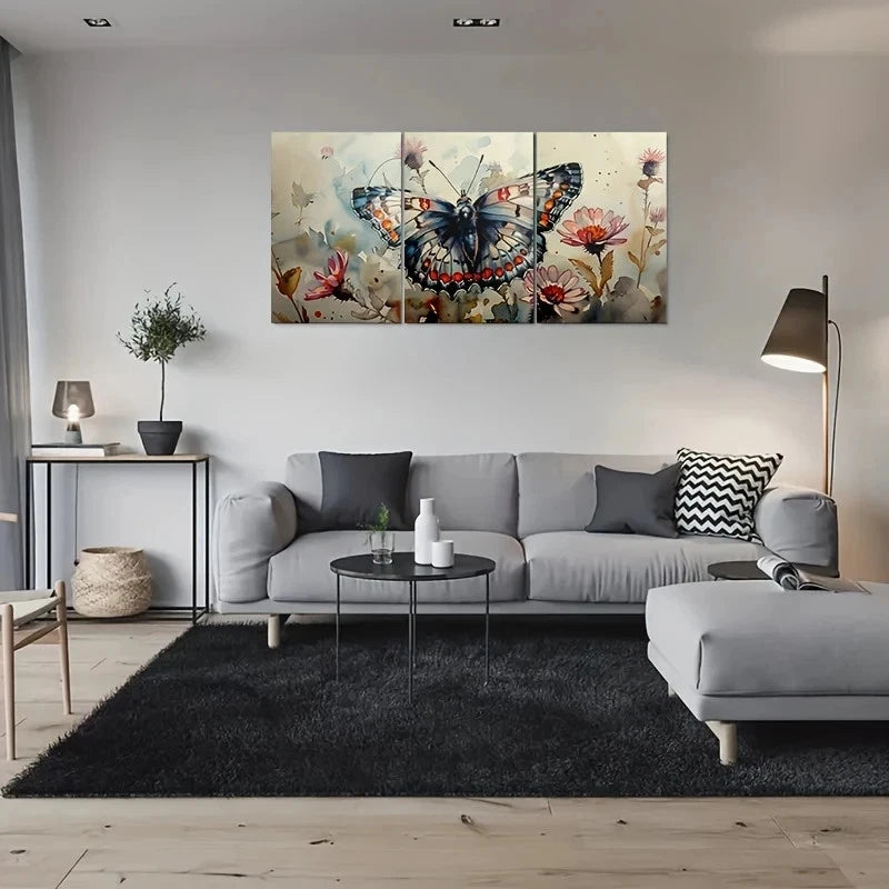 3pcs Vibrant Blue Butterfly Orange Flowers Metal Print Ready to Hang Art