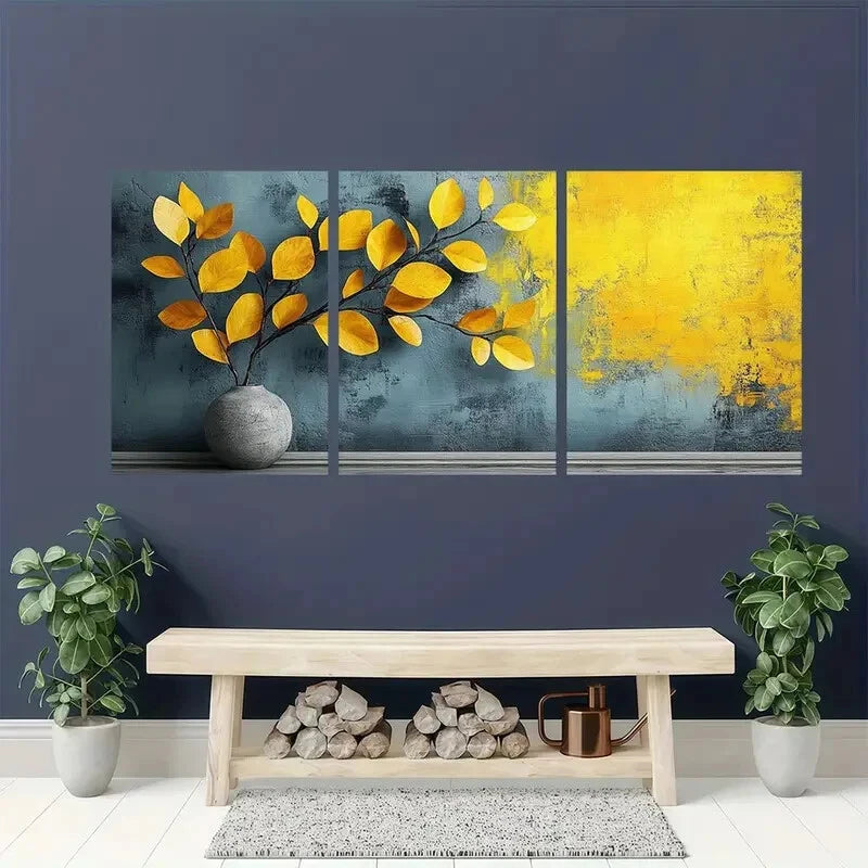 3pcs Vibrant Yellow & Blue Leaf Botanical Metal Print Ready to Hang Art
