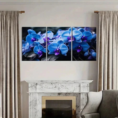 3pcs Blue Phalaenopsis Flowers with Dewdrops Wall Art Canvas Unframed - High Quality Print 100% Australian Made Wall Canvas