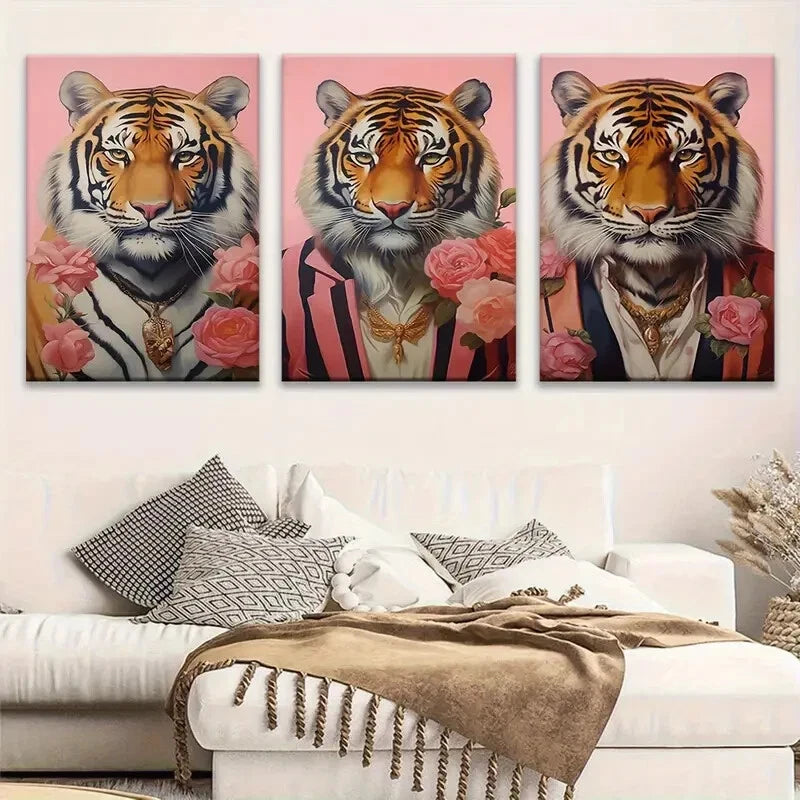 3pcs Vibrant Tiger Stylish Pink Roses Metal Print Ready to Hang Art