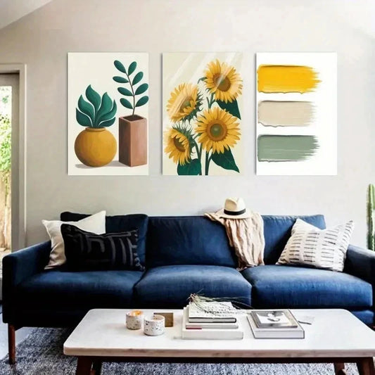 3pcs Sunflower, Green Leaves, Potted Wall Art Set Canvas Framed 40x60cm - High Quality Print 100% Australian Made Wall Canvas Ready to Hang