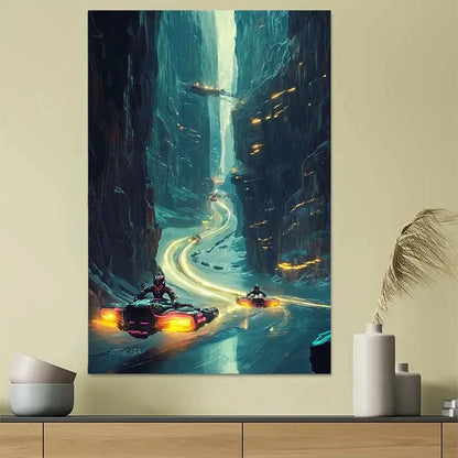 Cyberpunk Canyon Racing Sci-Fi Poster 40x60cm Metal Print Ready to Hang