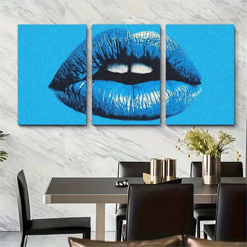 3pcs Blue Kiss Lips Retro Coquette Perfect  Wall Art Set Canvas Framed 40x60cm - High Quality Print 100% Australian Made Wall Canvas Ready to Hang