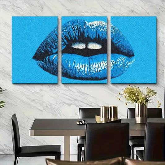 3pcs Blue Kiss Lips Retro Coquette Perfect  Wall Art Set Canvas Framed 40x60cm - High Quality Print 100% Australian Made Wall Canvas Ready to Hang