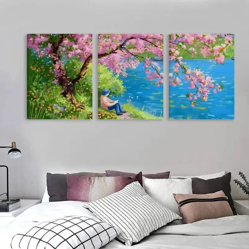 3pcs A Peaceful Afternoon Under The Blossoms Wall Art Set Canvas Framed 40x60cm - High Quality Print 100% Australian Made Wall Canvas Ready to Hang