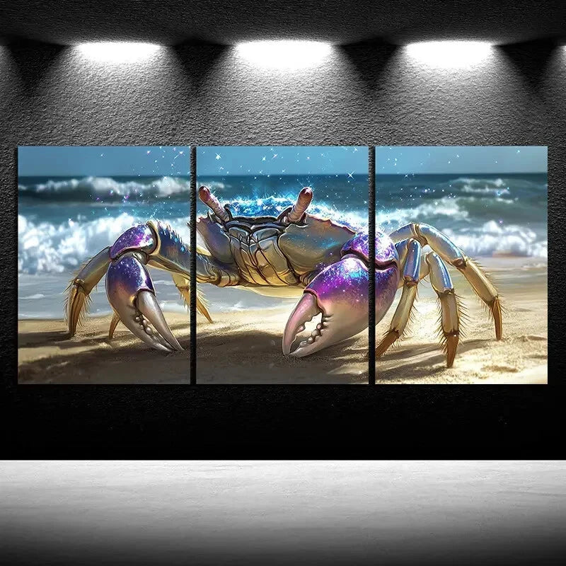 3pcs Crabs on The Beach Sea Animal Themed Metal Print Ready to Hang Art