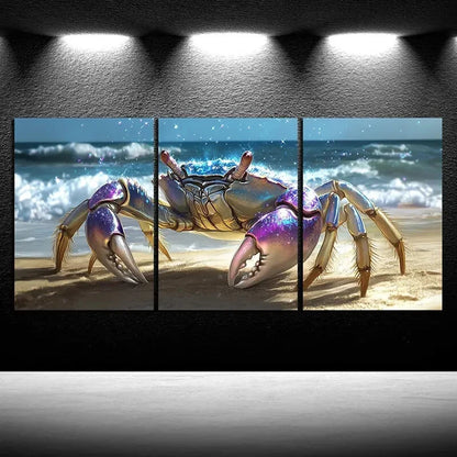 3pcs Crabs on The Beach Sea Animal Themed Metal Print Ready to Hang Art