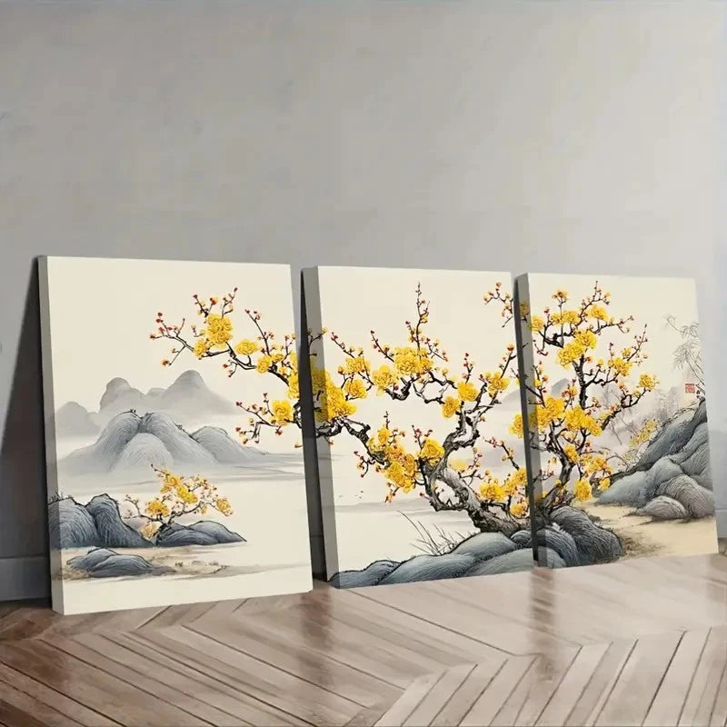 3pcs Traditional Chinese Painting Featuring Wall Art Set Canvas Framed 50x70cm - High Quality Print 100% Australian Made Wall Canvas Ready to Hang