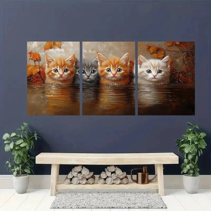 3pcs Whimsical Adorable Kitten in Water Wall Art Set Canvas Framed 40x60cm - High Quality Print 100% Australian Made Wall Canvas Ready to Hang