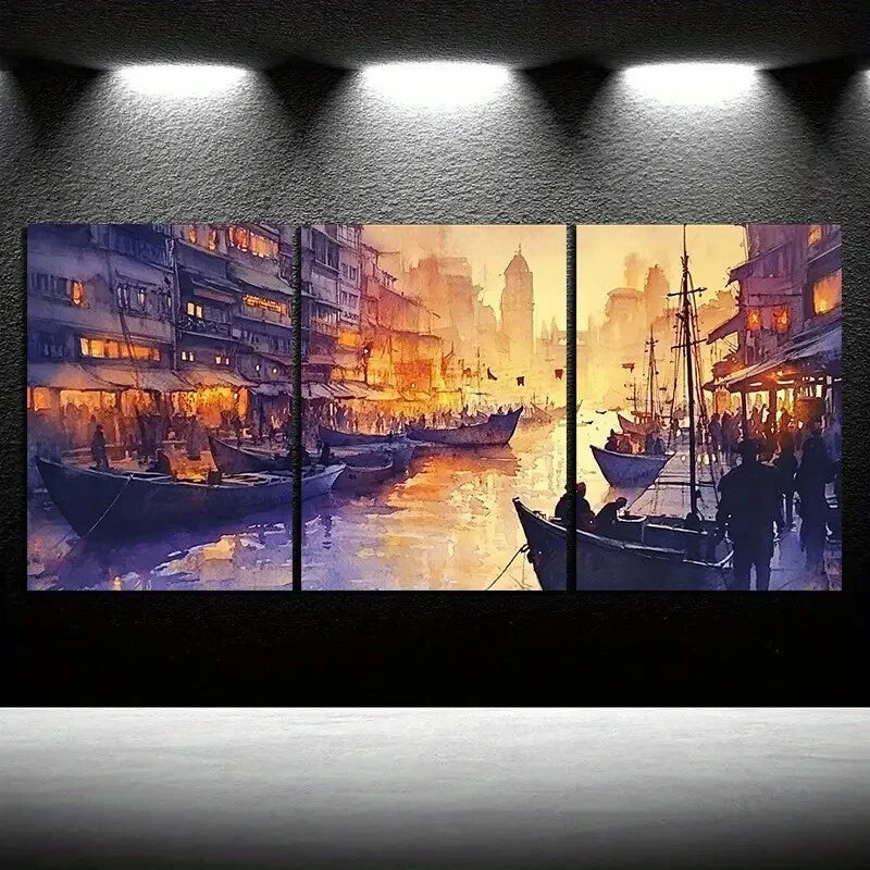 3pcs Ships At the Port Cityscape Metal Print Ready to Hang Art