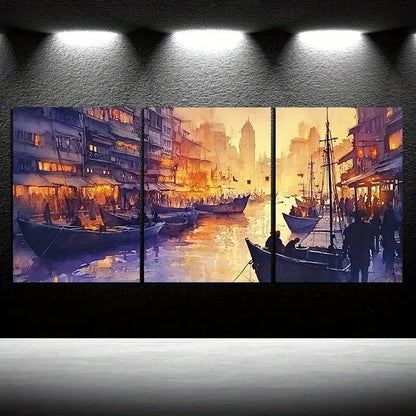 3pcs Ships At the Port Cityscape Metal Print Ready to Hang Art