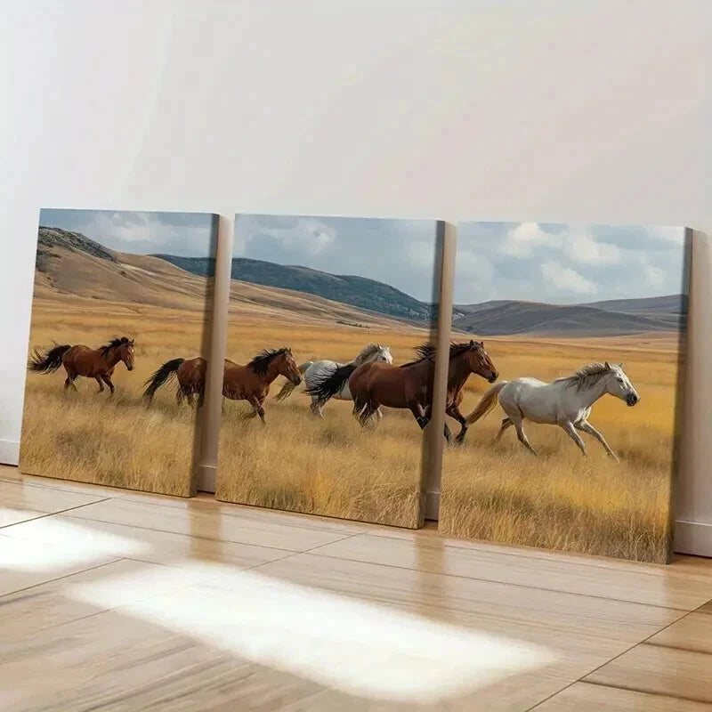 3pcs Galloping Horses In Golden Field Landscape Wall Art Set Canvas Framed 40x60cm - High Quality Print 100% Australian Made Wall Canvas Ready to Hang