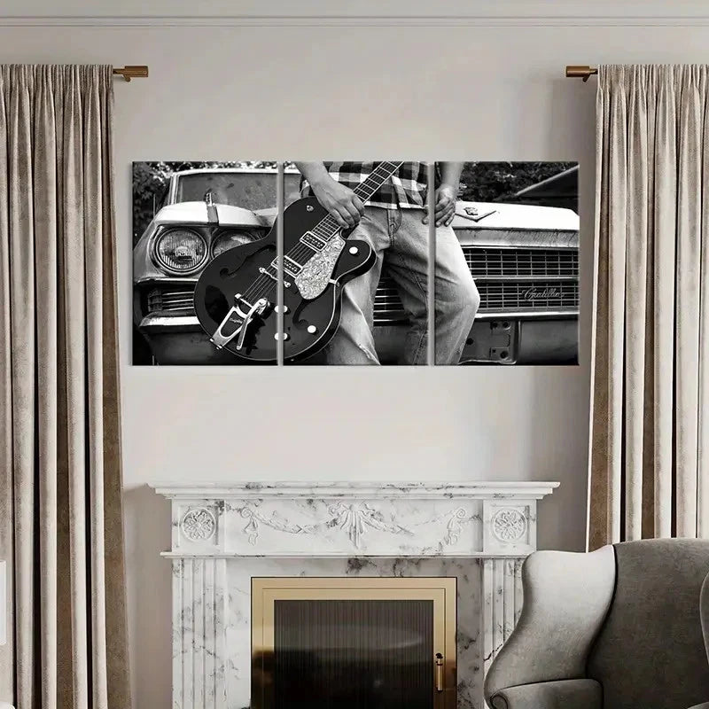 3pcs Black & White Guitar & Musical Instrument Wall Art Set Canvas Framed 60x90cm - High Quality Print 100% Australian Made Wall Canvas Ready to Hang