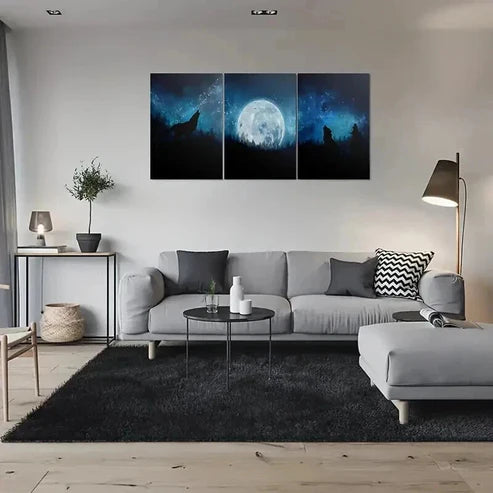 3pcs Wolf Howling at the Moon Blue Tones Night Wall Art Canvas Unframed - High Quality Print 100% Australian Made Wall Canvas