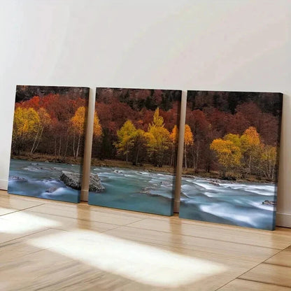 3pcs Modern Autumn Lake and Forest Wall Art Set Canvas Framed 40x60cm - High Quality Print 100% Australian Made Wall Canvas Ready to Hang