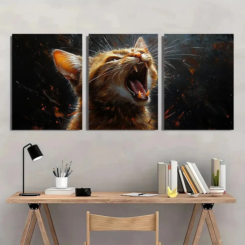 3pcs Vibrant Screaming Cat Modern Abstract Metal Print Ready to Hang Art