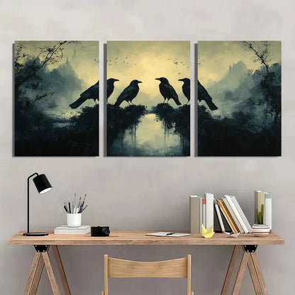 3pcs Elegant Dark Aesthetic Gothic Crow Trio Metal Print Ready to Hang Art
