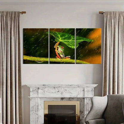 3pcs Frog Under Lotus Leaf to Protect From Rain Wall Art Set Canvas Framed 40x60cm - High Quality Print 100% Australian Made Wall Canvas Ready to Hang