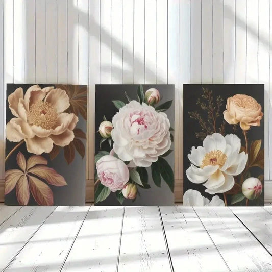 3pcs Peony Flowers Dark Leaves Floral Painting Metal Print Ready to Hang Art