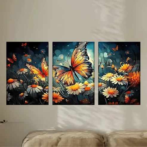 3pcs Vibrant Butterfly & Flower Wall Art Set Canvas Unframed - High Quality Print 100% Australian Made Wall Canvas