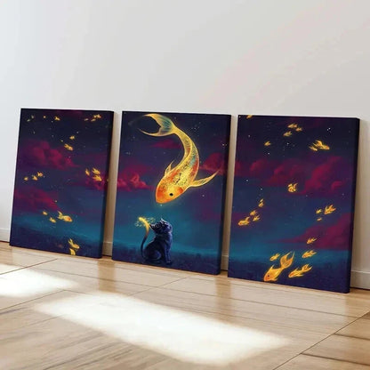 3pcs Fantasy Koi Fish And Black Cat Vintage Wall Art Set Canvas Framed 40x60cm - High Quality Print 100% Australian Made Wall Canvas Ready to Hang