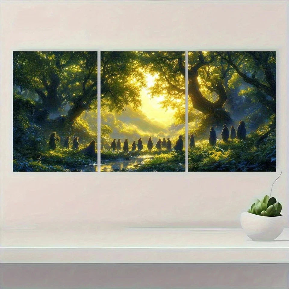3pcs Sunlit Trees and Silhouetted Figures Metal Print Ready to Hang Art