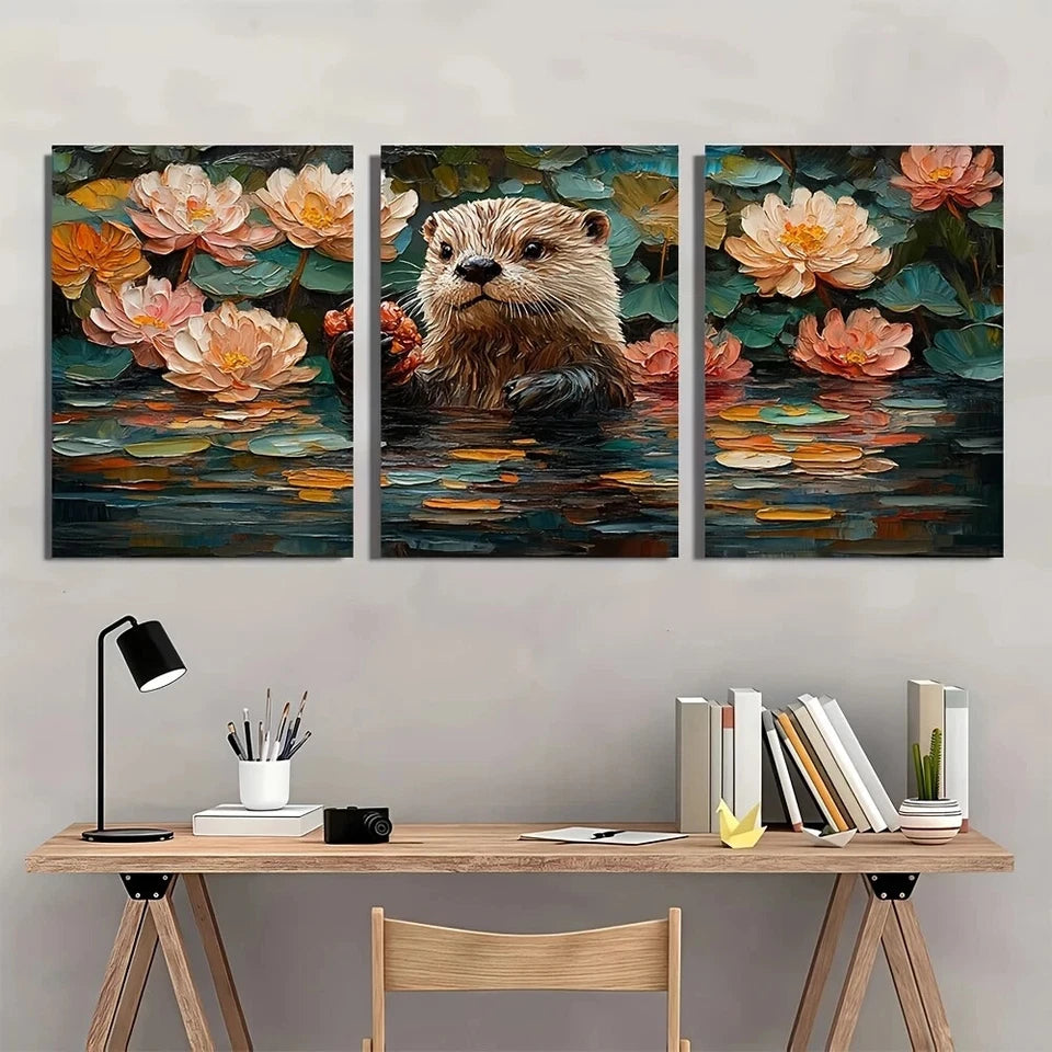 3pcs Otter Joy Painting Animal Themed Metal Print Ready to Hang Art