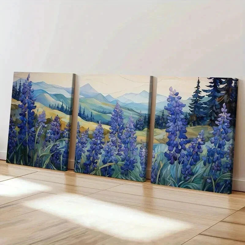 3pcs Mountain Landscape Blue Lupine Flowers Wall Art Set Canvas Framed 40x60cm - High Quality Print 100% Australian Made Wall Canvas Ready to Hang