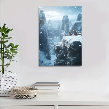 Enchanting Squirrel Duo on Snowy Mountain Painting 40x60cm Metal Print Ready to Hang
