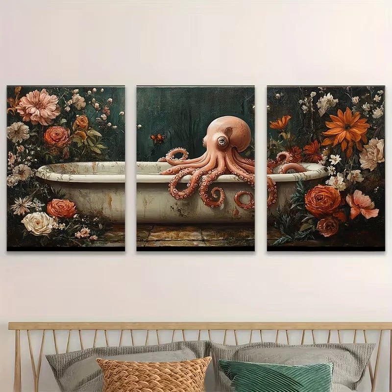 3pcs Octopus in Floral Bathroom Metal Print Ready to Hang Art