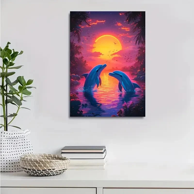 Vibrant Dolphin Sunset Scene with Glowing Orange 40x60cm Metal Print Ready to Hang