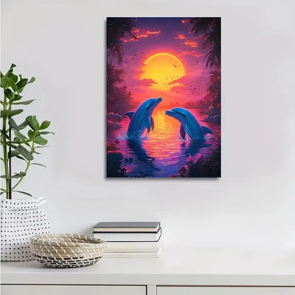 Vibrant Dolphin Sunset Scene with Glowing Orange 40x60cm Metal Print Ready to Hang