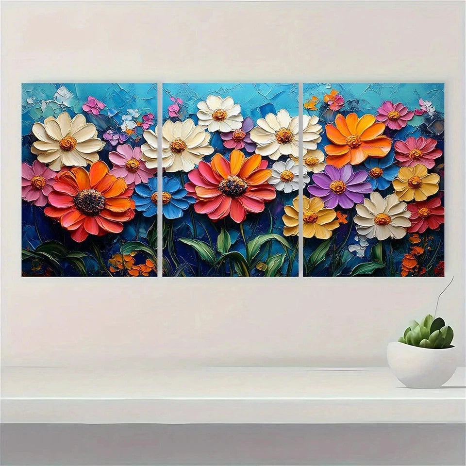 3pcs Flowers Vibrant Colourful White Blue Theme Metal Print Ready to Hang Art
