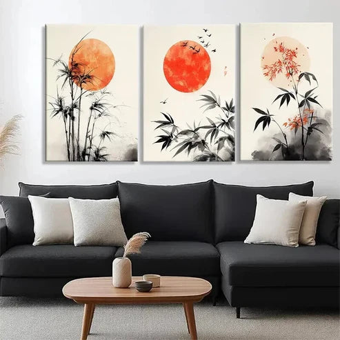 3pcs Bamboo and Red Sun Minimalist Perfect Wall Art Set Canvas Unframed - High Quality Print 100% Australian Made Wall Canvas