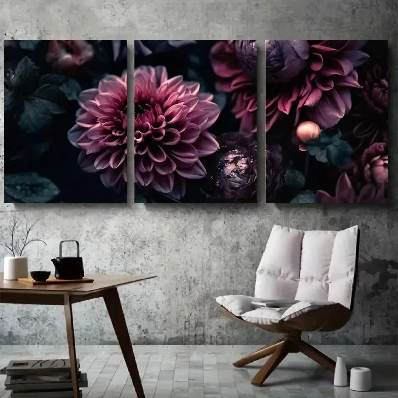 3pcs Abstract Deep Purple Floral Metal Print Ready to Hang Art