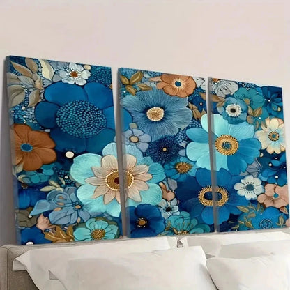 3pcs Abstract Floral Flowers In Shades Of Blue Wall Art Set Canvas Framed 60x90cm - High Quality Print 100% Australian Made Wall Canvas Ready to Hang