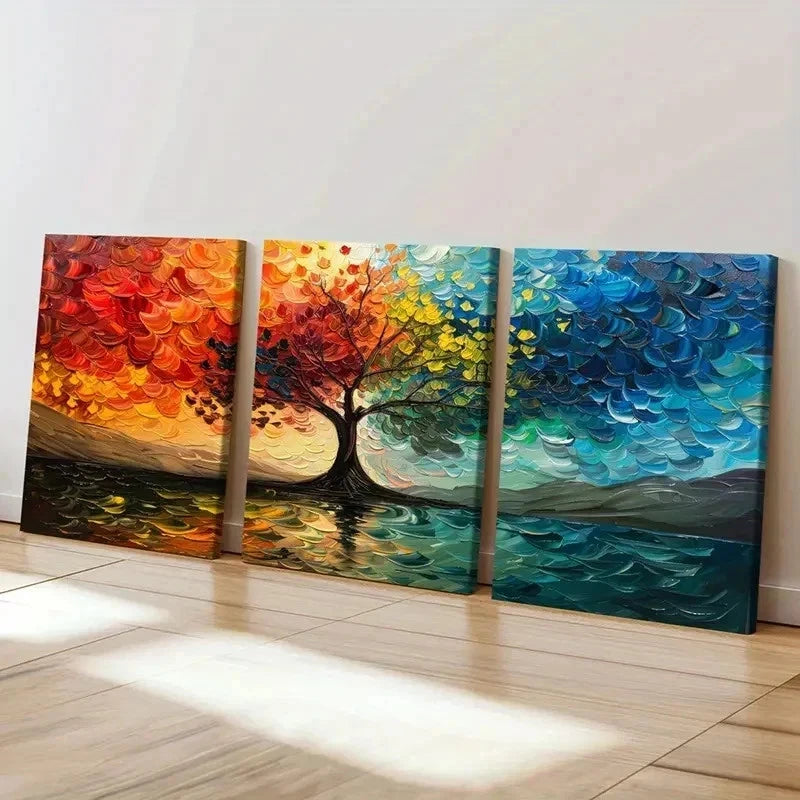 3pcs Vibrant Colorful Autumn Tree Wall Art Set Canvas Framed 40x60cm - High Quality Print 100% Australian Made Wall Canvas Ready to Hang