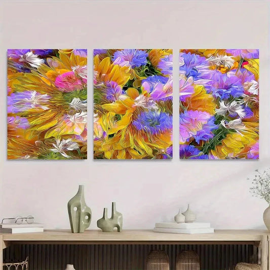 3pcs Vibrant Floral Triptych Modern Abstract Metal Print Ready to Hang Art