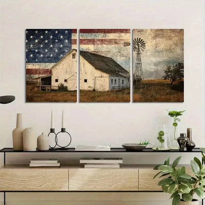 3pcs White Barn with American Flag and Windmill Metal Print Ready to Hang Art