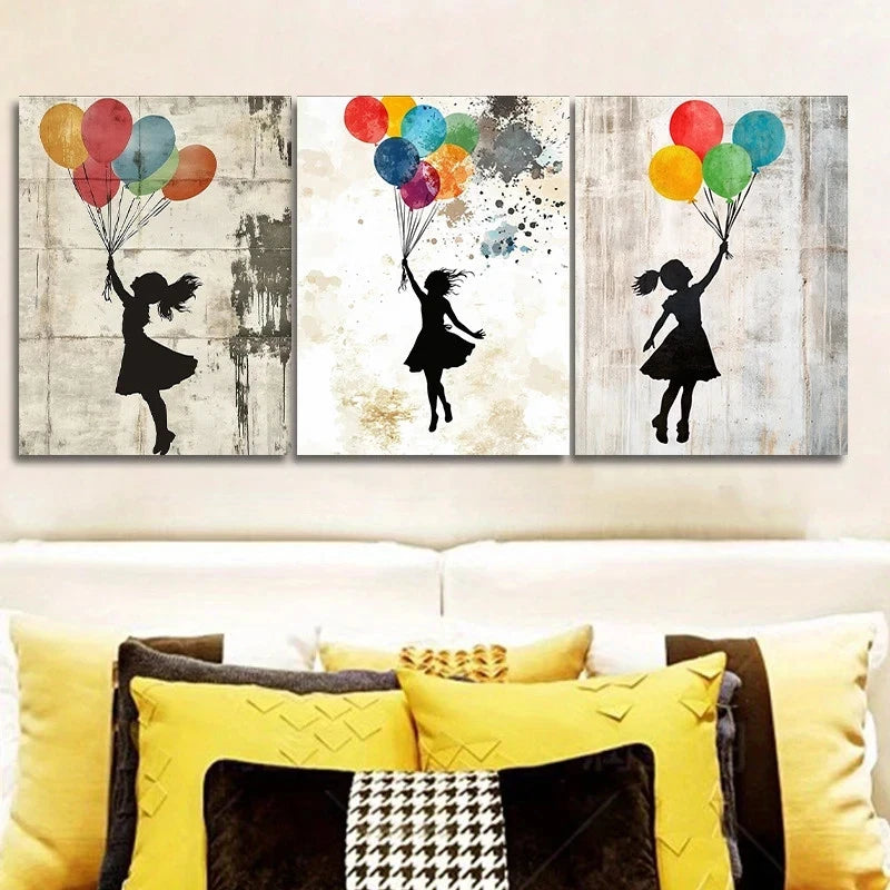 3pcs Measuring Featuring a Girl with Balloons Metal Print Ready to Hang Art