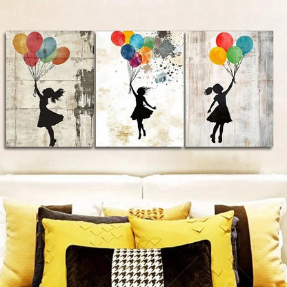 3pcs Measuring Featuring a Girl with Balloons Metal Print Ready to Hang Art