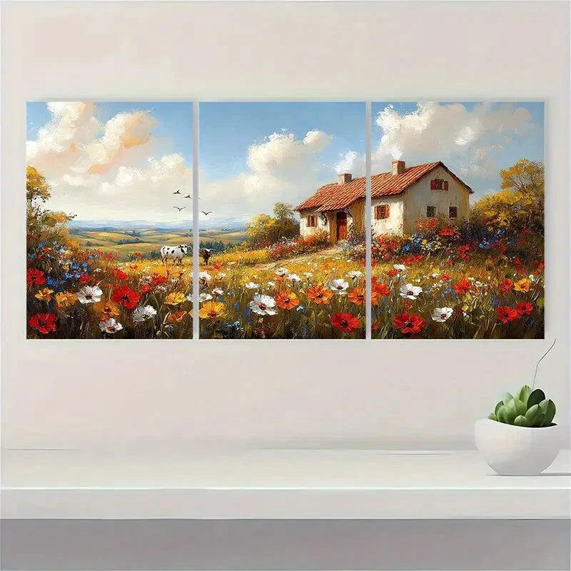 3pcs Farmhouse Flower Cow Rural Scenery Metal Print Ready to Hang Art