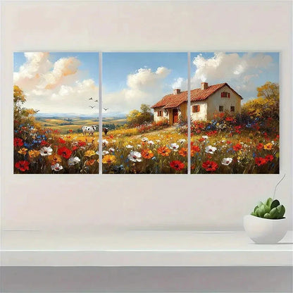 3pcs Farmhouse Flower Cow Rural Scenery Metal Print Ready to Hang Art