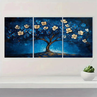 3pcs Abstract Vibrant Blue White Floral Metal Print Ready to Hang Art